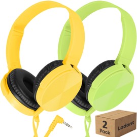 Ladont 2 Pack Kids Headphones for School Classroom K-12, Swivel Foldable, HD Stereo, 3.5mm Jack Wired Headphones for Kids Children Student (Green+Yellow)