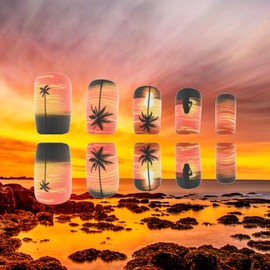 Sunset Press on Nails Medium Square Fake Nails with Orange Dusk Designs Matte False Nails Summer Coconut Tree Artificial Nails Glue on Nails Full Cover Stick on Nails for Women 24Pcs