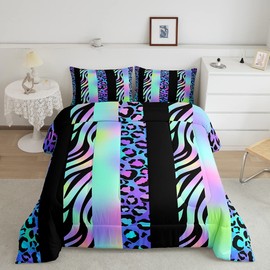 Leopard Kids Comforter Set Full Size,Abstract Cheetah Zebra Skin Bedding Set,Girls Boys Adults Room Decor,Geometric Stripes Patchwork Down Comforter,Blue Purple Gradient Duvet Insert,2 Pillowcases