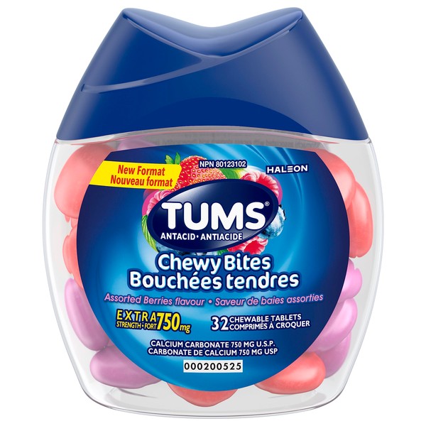 Tums Chewy Bites, Assorted berries flavour, Antacid for Heartburn Relief, 32 Count