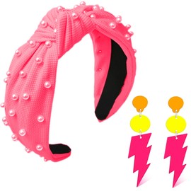 FSLLZCJY Neon Earrings and Headband 80s 90s Pearl Knotted Headband Acrylic Drop Earring Retro Costume Party Accessories 80s Outfit for Women (Pink, One Size)