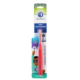 Brilliant Kids Toothbrush, For Ages 5-9 Years Old, Girls or Boys - Use When Adult Teeth Are Present - Round Brush Head, All Around Bristle Toothbrush for Kids, Cleans Entire Mouth, Red, 1 Count