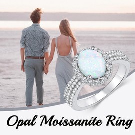 Shroova 925 Sterling Silver Oval Opal Moissanite Ring,White Opal Promise Engagement Rings Gemstone Jewelry for Women Her(Size 8)