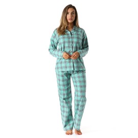 FollowMe 637110230M Printed Flannel Button Front PJ Pant Set, Medium, Jade Plaid