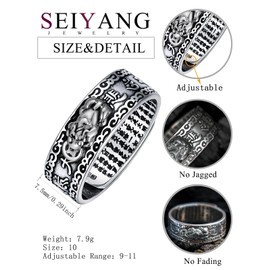 Feng Shui Ring 925 Stering Silver Pixiu Mantra Ring Protection Wealth Adjustable Rings Buddhist Amulet Jewelry Keep Rich Good Luck Health Gift for Men Women
