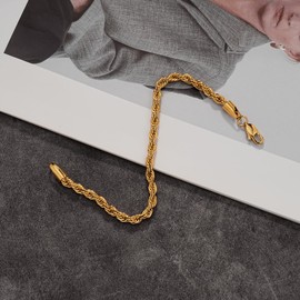 L.Karden 5MM Mens Twist Rope Chain Bracelet Gold for Men Boys Women, Stainless Steel 18K Plated Jewellery Gifts for Christmas for Him