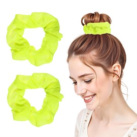 Tyqour Pack of 2 Neon Hair Scrunchie Yellow Large Women's Hair Bobbles Thick Satin Hair Scrunchies Hair Band Elastic Neon Scrunchies for Girls 80s for Afro Curly Hair, Yoga, Volleyball
