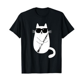 Funny Cat Wearing Sunglasses Playing Clarinet Musician T-Shirt