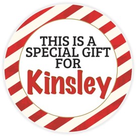 This is a Gift for Kinsley - 3 Pack Circle Stickers 3 Inch - Candy Cane Merry Christmas Gift Tag Present Tree Holiday Custom Name Santa Claus