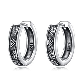 YFN Black Earrings Men's 925 Sterling Silver Viking Rune Black Earrings Birthday Gifts for Men Women, Sterling Silver, Cubic Zirconia