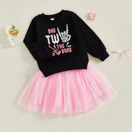 2nd Birthday Outfit Girl Baby Long Sleeve Bad Two The Bone Sweatshirt Mesh Tulle Skirt Cute Birthday Clothes 2Pcs (LC-Black,2-3T)