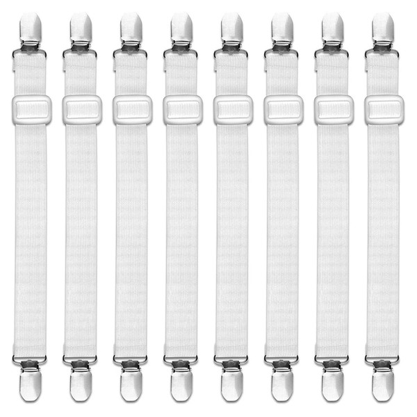PSOWQ Pack of 8 Bed Sheet Tensioners, Adjustable, White Sheet Tensioners with Metal Clips, Elastic Tensioners for Bed Sheets, Bed Sheet Tensioners for Bed Sheets, Mattress, Ironing Board or Sofa