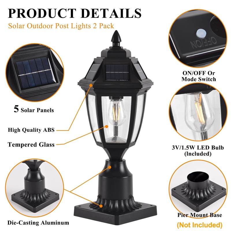 TEBLAMPUE Solar Post Lights 2 Pack, Motion Sensor Post Lantern
