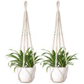 Mkono Macrame Plant Hanger Indoor Hanging Planter Basket with Wood Beads Decorative Flower Pot Holder No Tassels for Indoor Outdoor Boho Home Decor 35 Inch, Ivory, Set of 2