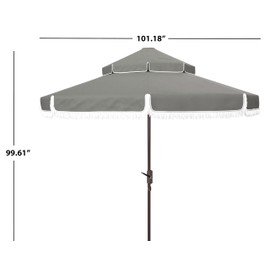 SAFAVIEH 9ft Outdoor Patio Umbrella, Round, Double Top, Milan Fringe, Grey & White, Crank, Button Tilt, UV Resistant for Deck, Backyard, Poolside (PAT8208B)