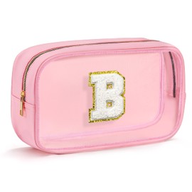 Fohufo Birthday Gifts for Women - Initial Clear Makeup Bag, Portable Waterproof Cosmetic Bag with Zipper Pouch, Travel Essentials Toiletry Bag Travel Gifts for Women (Pink Letter B)