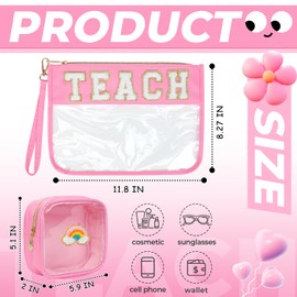 Aintmax 2Pcs Clear Teach Bag Chenille Varsity Letter Makeup Bag Preppy Patch Pouch Waterproof PVC Toiletry Organizer Flat Travel Cosmetic Bag Graduation Teacher Appreciation Gift for Women(Teach-Pink)