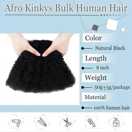 Trekci Afro Kinkys Bulk Human Hair 8 Inch 50g/Pack 100% Human Hair No Short Hair Afro Kinky Human Hair for Dreadlock Extensions,Repair Locs,Braiding Twists and Braids(8Inch, 1Pack, 1B)
