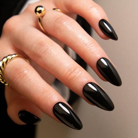 Black Press on Nails Almond Fake Nails Medium Almond False Nails Press ons with Designs Acrylic Nails Full Cover Glossy Glue on Nails Artificial Stick on Nails for Women Nails Decorations 24 Pcs