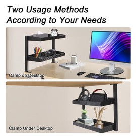 HOSASSPER Clamp on Desk Shelf Organizer, 2-Tier Above or Under Desk Clamping Storage on Shelves, Clip on Table Shelf with Socket Fixer & White Drawer Dividers for Home Office, PC Desk Accessories