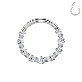 BodyAce 16G Septum Hoop Hinged Nose Rings, High Crafted Conch Helix Earrings for Women Men, Stainless Steel Septum Clickers Lip Piercing Labret Daith Rings [Rectangle CZ;Hoop:10mm]