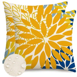 RABUSOFA Outdoor Pillow Covers Waterproof 18x18 Inch Set of 2 Cushion Covers,Dali Floral Decoratiove Throw Pillows,Mustard Yellow Patio Funiture Garden Decor Pillowcase for Sofa Couch Navy Blue(01-18)