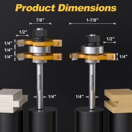 REKCKRUL 2 PCS Professional Tongue and Groove Router Bit Set, 1/4 Inch Shank, 3 Teeth Adjustable T-Shape Wood Milling Cutter for Cabinets, Flooring, and Woodworking