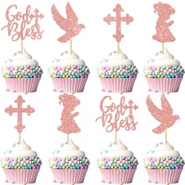 ZHUOWEISM 24 PCS God Bless and Cross Cupcake Toppers Glitter Dove First Communion Baptism Cupcake Picks Decorations for Christian Baptism Theme Girls Birthday Party Supplies Rose Gold