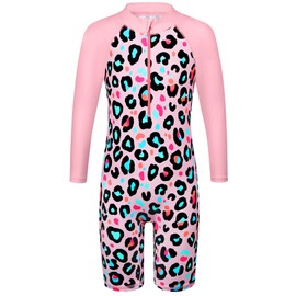 HUAANIUE Girls UPF 50+ UV One Piece Swimwear Kids Bodysuit Beachwear with Ziper Surfing Pink Swimming Children Bathing Costume 4-11 Years(PinkLeopard,152/158)