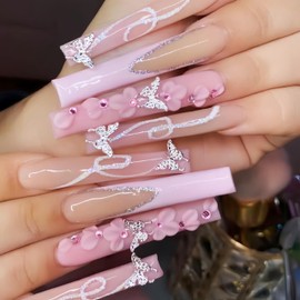 24Pcs Silver Butterfly Rhinestones Press on Nails Long Square Fake Nails French Tip False Nails with Flower Butterfly Design Glue on Nails Glitter Line False Nails Full Cover Stick on Nails for Women