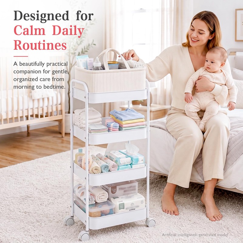 Baby Diaper Caddy 4 Tier Rolling Storage Cart with Wheels