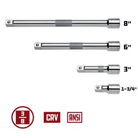 Powerbuilt 4 Piece Extension Bar Set, 3/8 Inch Drive, Socket Extender Bars, 1-3/4, 3, 6, and 8 Inch, Detent Ball, Grease Rings, Non-Slip Grip - 640844