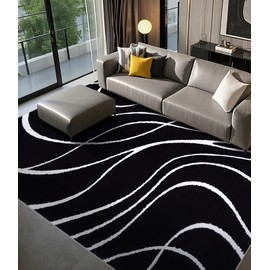 YIHOUSE Black Modern Area Rugs 8x10,Large Black and White Washable Rug for Living Room,Thin Abstract Geometric Rug,Minimalist Striped Rugs 8x10 for Bedroom,Office
