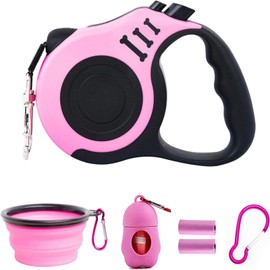 PETIMP Retractable Dog Leash Lightweight 16FT Leash, with Folding Bowl,Dispenser,Waste Bags, for Small Medium Dogs(Pink)