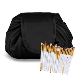 Drawstring Makeup Bag GLAMZA ‘Lazy’ Cosmetics Makeup Pouch Storage Organiser for Women & Girls (Black) - From Flat Makeup Bag to Structured Travel Makeup Bag in Seconds Inc 20pc Brush Set