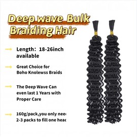 Deep Wave Bulk Hair for Braiding 2 Packs Curly Braiding Hair and Wavy No Weft No Weft Brazilian Virgin Curly Deep Wave Bulk Hair Bundles Bohemian Braiding Hair Extensions wet and wavy braiding hair
