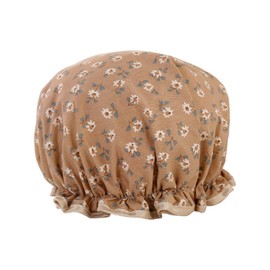 Flower Bath Caps Cotton Waterproof Elastic Band Shower Hat for Women Girl Shower Hair Protection (khaki color)
