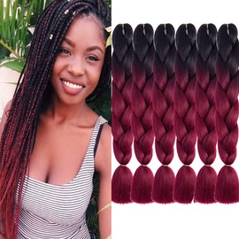 Ombre Braiding Hair Crochet Braids Hair 24 Inch 6Pcs/lot 2 Tone High Temperature Synthetic Jumbo Box Braids Hair Extension for Women 100g/pc(24",black to burgundy)