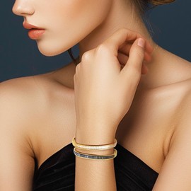 Frigotine Gold Rhinestone Bangles Bracelets for Women, Trendy Chunky Black Crystal Stainless Steel Stackable Cuff Bracelet Wedding Prom Fashion Jewelry Gift