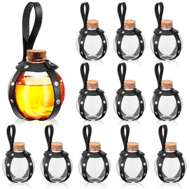 Baderke 12 Pcs Plastic Potion Bottles with Cork Witch Cosplay Accessories Wizard Potions with Leather Belt Holder Spell Jar Witch Bottles Renaissance Accessories for Women Men Costume(Black Rivet)