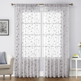 HOMEIDEAS Light Grey Sheer Curtains 52 X 84 Inches Length 2 Panels Embroidered Vine Floral Pattern Pocket Faux Linen Semi Sheer Voile Window Curtains/Drapes for Bedroom Living Room