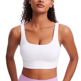 CRZ YOGA Butterluxe Womens U Back Sports Bra - Scoop Neck Padded Low Impact Yoga Clothes Workout Crop Top with Built in Pads White Medium