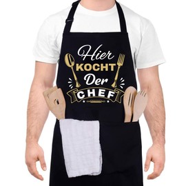 Livdouyu Funny Cooking Apron for Men, Barbecue Apron for Men HERE KOCHT DER CHEF Professional BBQ Apron Chef Husband Kitchen Apron with Double Pocket Adjustable Birthday Gift, black