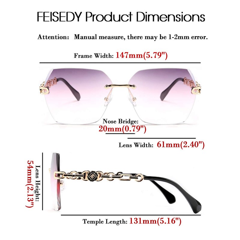 Feisedy Ladies Classic Rimless Metal Frame Diamond Cut Sunglasses, B2567