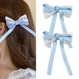 Lace Bow Hair Clip for Women Girls Blue Bow Ribbon Hair Clips for Teen Girl Metal Hair Clips Barrettes for Women Girls Bowknot Hair Clips Hair Accessories Decoration for Girls Teenagers Hairclip 2Pcs