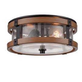 DEYNITE Farmhouse Ceiling Light Fixture 2-Light Hallway Ceiling Light in Black & Rustic Wood Grain Finish with Clear Seeded Glass Shade