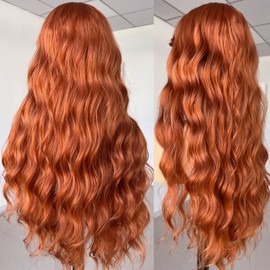 Fugady Copper Red Wigs with Bangs Ginger Wig with Bangs Loose Wave Wigs for White Women Heat Resisant Daily Cosplay Wig (Synthetic 24 Inches)
