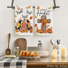 Artoid Mode Kürbisse Hunde Kreuz Hallo Herbst Küchentücher Geschirrtücher, 42x65 cm Saisonale Ahornblätter Dekoration Handtücher 2er Set