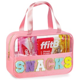 WOPIPAL Snack Bag for Travel - Chenille Letter Clear Makeup Bag, Waterproof Nylon & PVC Cosmetic Pouch with Handle & Zipper, Cute Preppy Storage Organizer for Women (Pink)