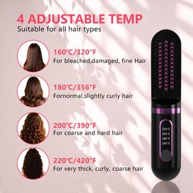 Cordless Hair Straightener Brush, Portable Straightening Brush for Women, Mini Negative Ion Hot Comb for Travel, 30Mins Auto-Off, USB Rechargeable, Fast Heating 4 Temperature Settings (Black)